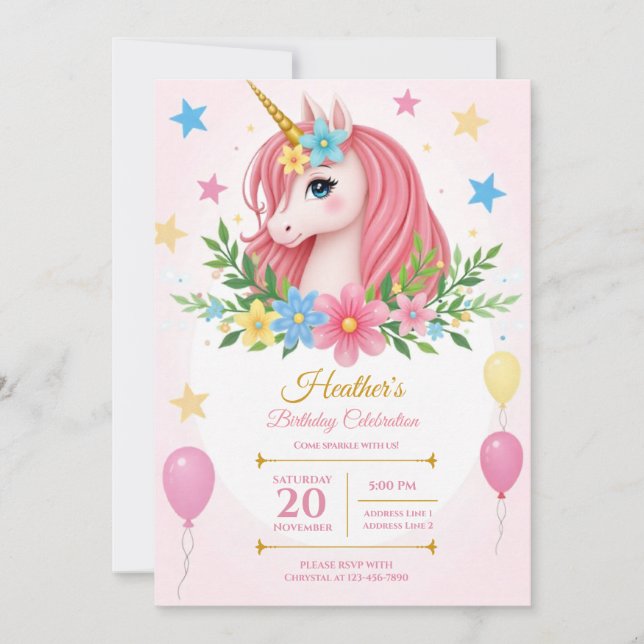 Utskrivbara Magic Unicorn Birthday-inbjudningar Inbjudningar (Framsida)