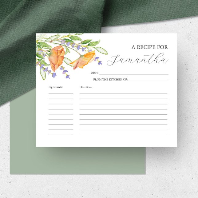 Utskrivbara mottagarkort för vattenfärgsblommor inbjudningar (Printable recipe cards feature watercolor orange poppies & lavender flowers art Victoria Grigaliunas)