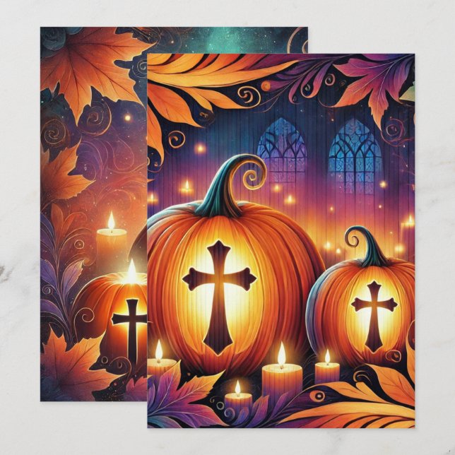 Utskrivbara Vibrant Christian Halloween Pumpkins Inbjudningar (Fram/baksida)