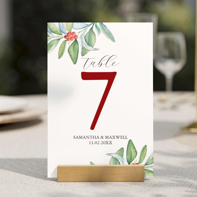 Utskrivbart Bordsnummer Botanisk jul (Wedding table number ideas features Christmas greenery watercolor art by Victoria Grigaliunas)