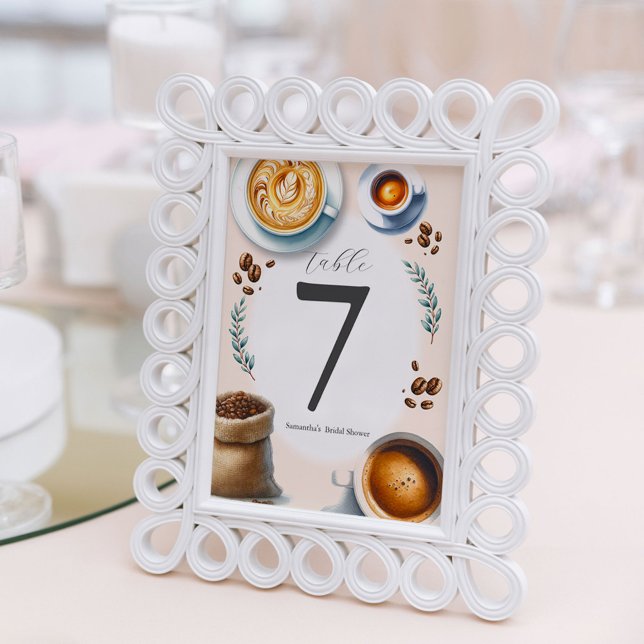 Utskrivbart Bordsnummer Illustrated Coffee Theme (Love is brewing bridal shower table numbers unique design by Victoria Grigaliunas)