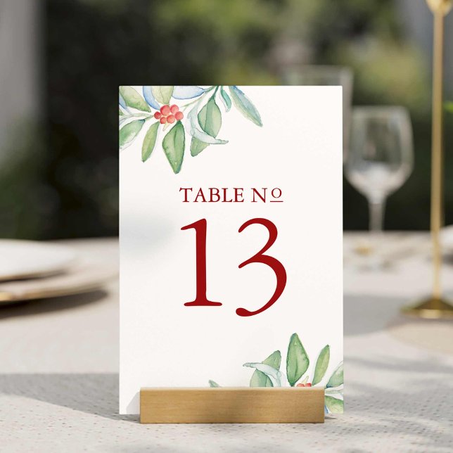 Utskrivbart Bordsnummer jul Greenery (Winter wedding table number features unique Christmas greenery watercolor by Victoria Grigaliunas)