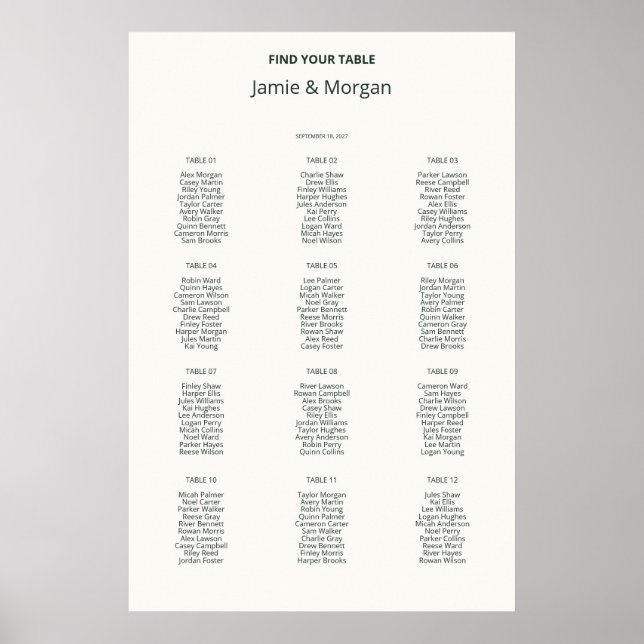Utskrivbart elfenbensvit bröllops sittplatsschema  poster (Framsidan)