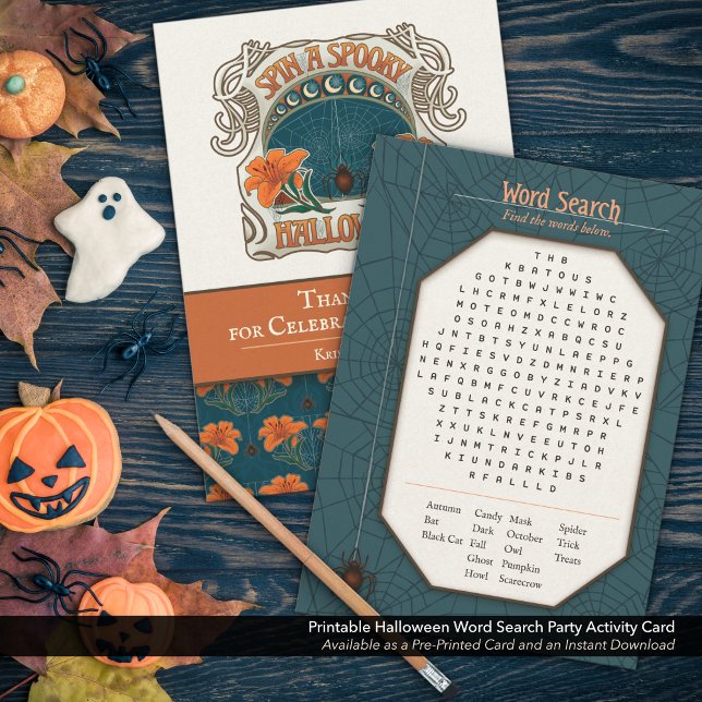 Utskrivbart Halloween Easy Ord Search Party-spel Julkort (Printable Halloween Easy Word Search. Create a Custom Favor for Your Holiday Party, Blue.)