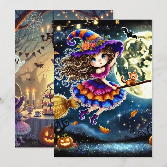 Utskrivbart kute Whimsical Fitch Halloween Inbjudningar (Fram/baksida)