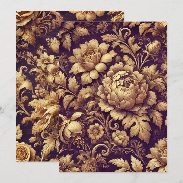 Utskrivbart Lila & Guld Victorian Blommönster Inbjudningar (Fram/baksida)