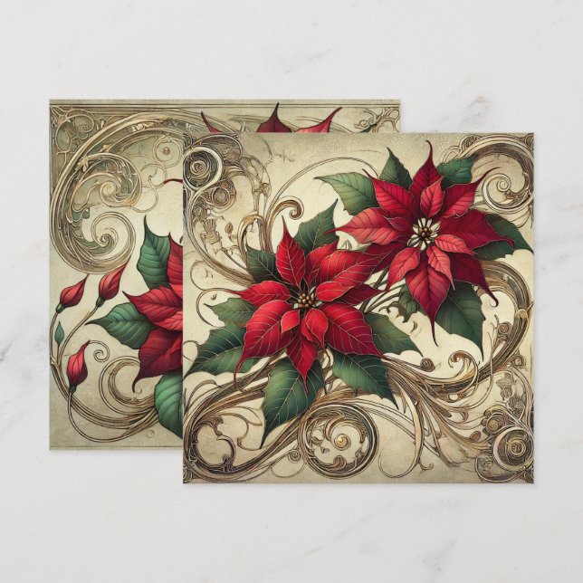 Utskriven Vintage Art nouveau-jultomten Poinsettia Inbjudningar (Fram/baksida)