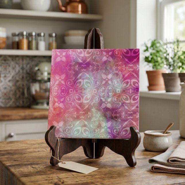 Utsliten vit damast boho rosa lila akvarell kakelplatta (Skapare uppladdad)