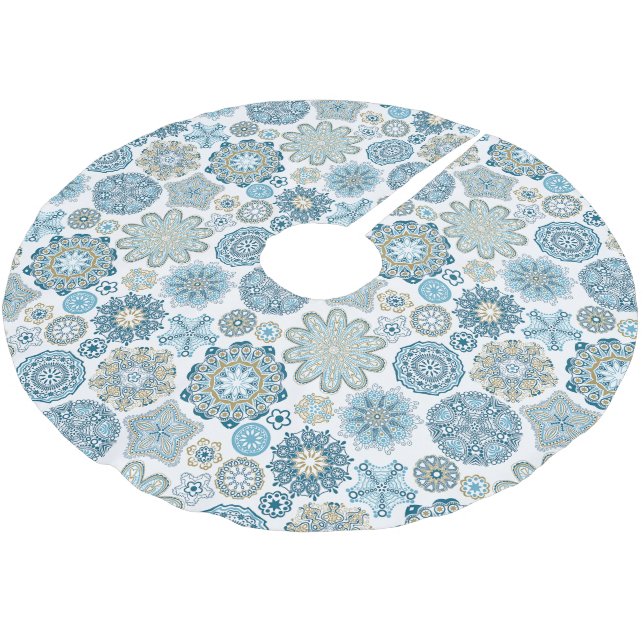 Utsmyckad Aqua Teal Blå Blomma Snöflingor Mönster Julgransmatta Borstad Polyester (Vinklad)