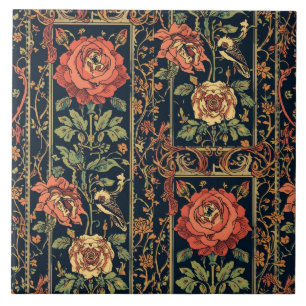 Utsmyckad Art Nouveau Botanisk Vintage Ros fågel Kakelplatta