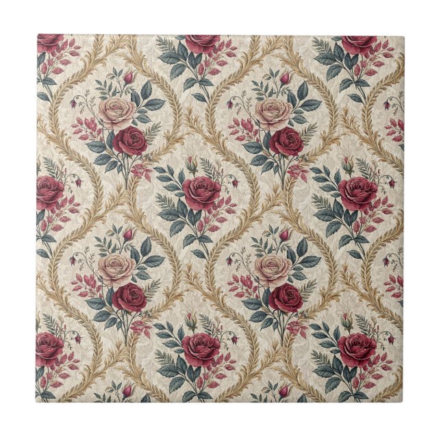 Utsmyckad Barock Ros Damast Vintage Blommönster Kakelplatta (Framsidan)