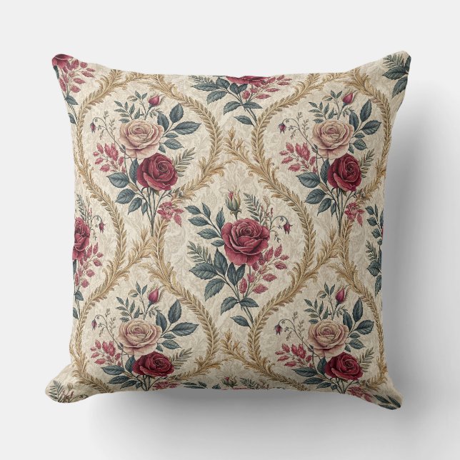 Utsmyckad Barock Ros Damast Vintage Blommönster Kudde (Framsida)