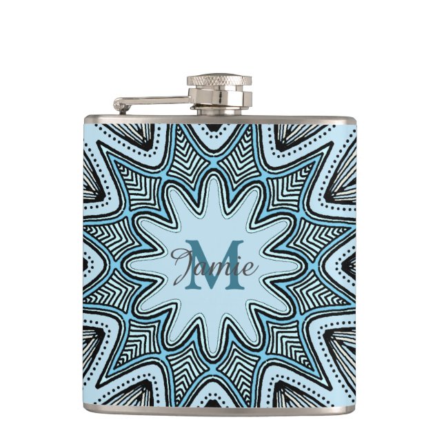Utsmyckad blå monogram mandala personlig fickplunta (Framsidan)