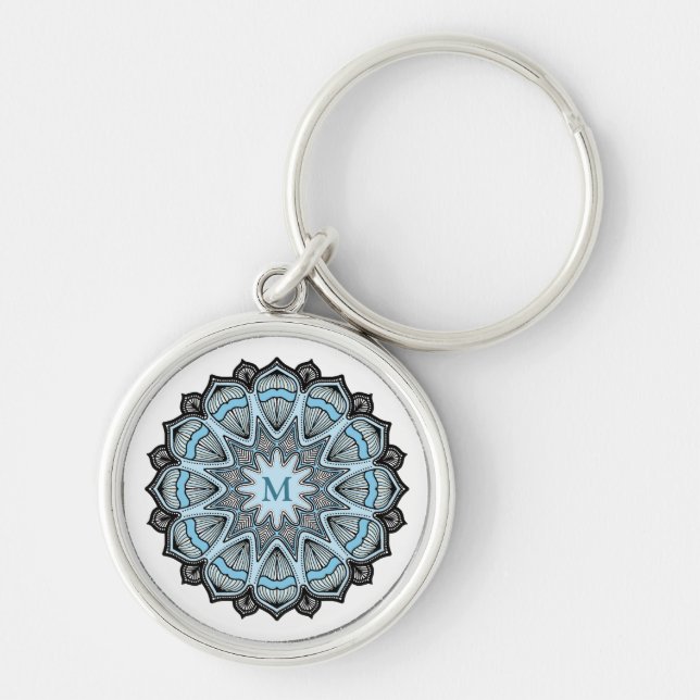 Utsmyckad blå monogrammandala rund silverfärgad nyckelring (Framsidan)
