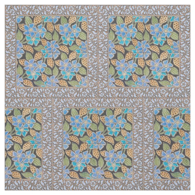 Utsmyckad blå pervin blomster klassisk jugendstil tyg (Provkarta)