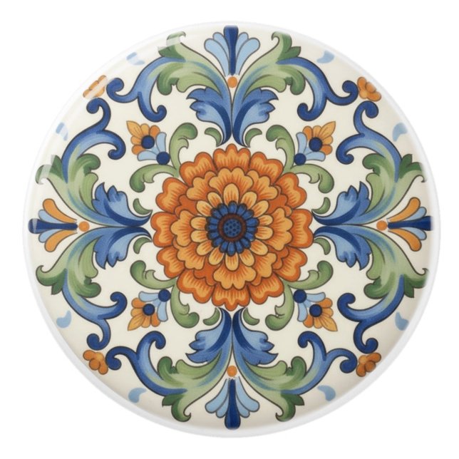 Utsmyckad Blomma Blå Orange Grön Blommig Knopp (Framsidan)