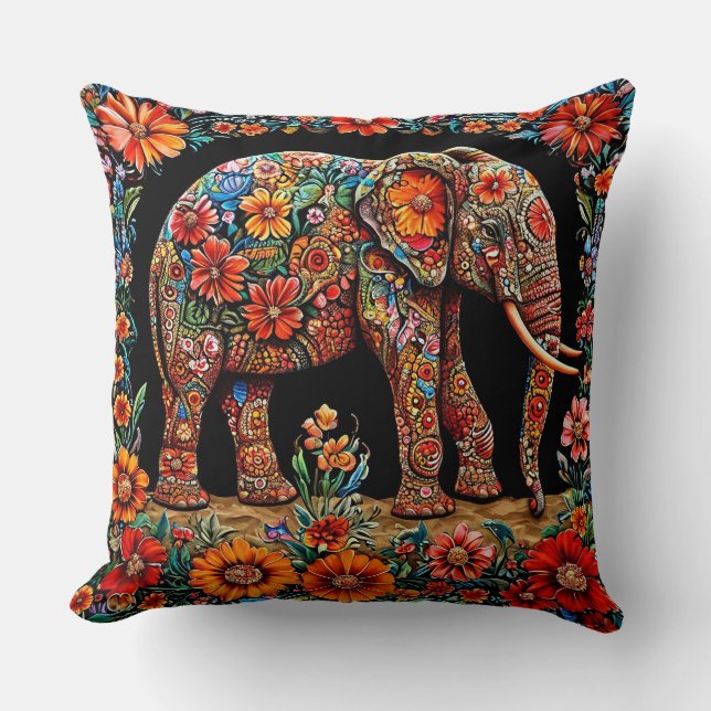 Utsmyckad elefant med livfulla blommönster kudde (Framsida)