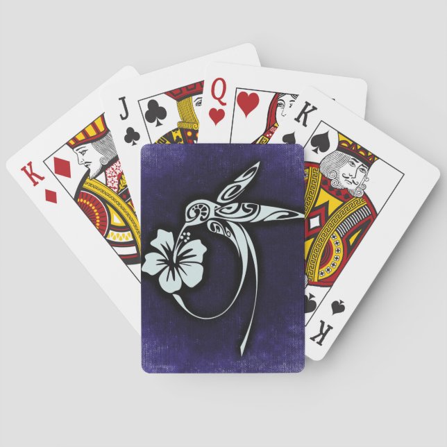 Utsmyckad fågel på djupblått casinokort (Baksidan)