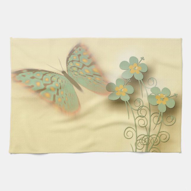 Utsmyckad fjäril & blommor kökshandduk (Horisontell)