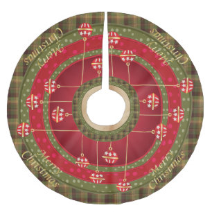 Utsmyckad grön pläd och röda julprydnadar julgransmatta borstad polyester