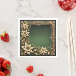 Utsmyckad gul poinsettia-kant på grön découpage pappersservett