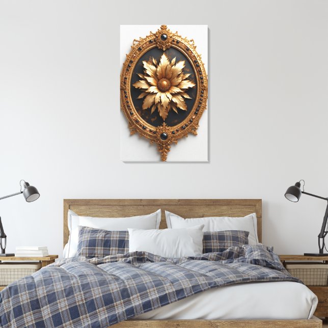 Utsmyckad guldram med stor metallisk blomstermedal canvastryck (Insitu (sovrum))