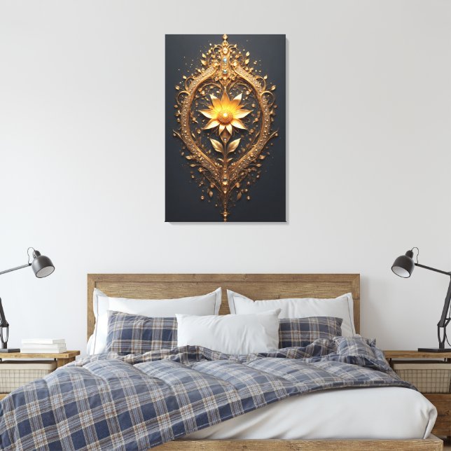 Utsmyckad guldram med stor metallisk blomstermedal canvastryck (Insitu (sovrum))