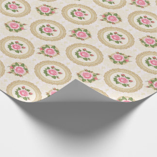 Utsmyckad guldram och rosa rosor presentpapper
