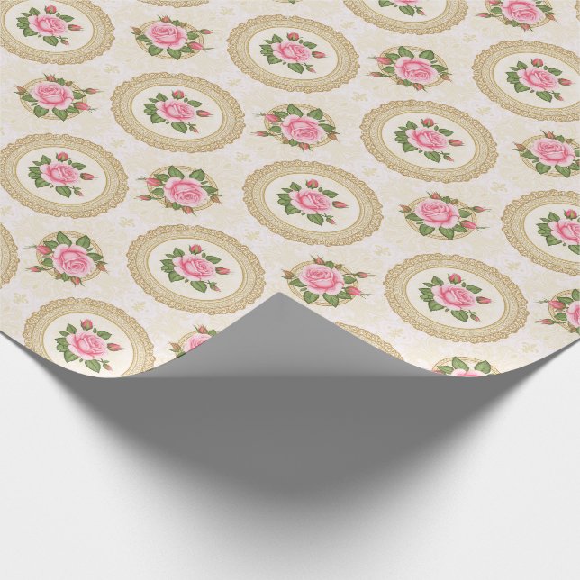 Utsmyckad guldram och rosa rosor presentpapper (Hörn)