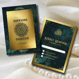 Utsmyckad guldram & smaragdgrön muslimsk bröllop OSA kort