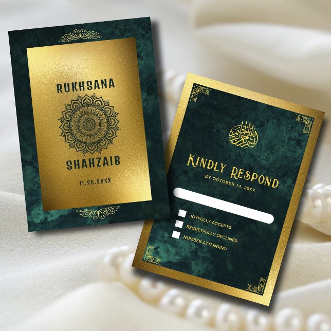 Utsmyckad guldram & smaragdgrön muslimsk bröllop OSA kort (Skapare uppladdad)