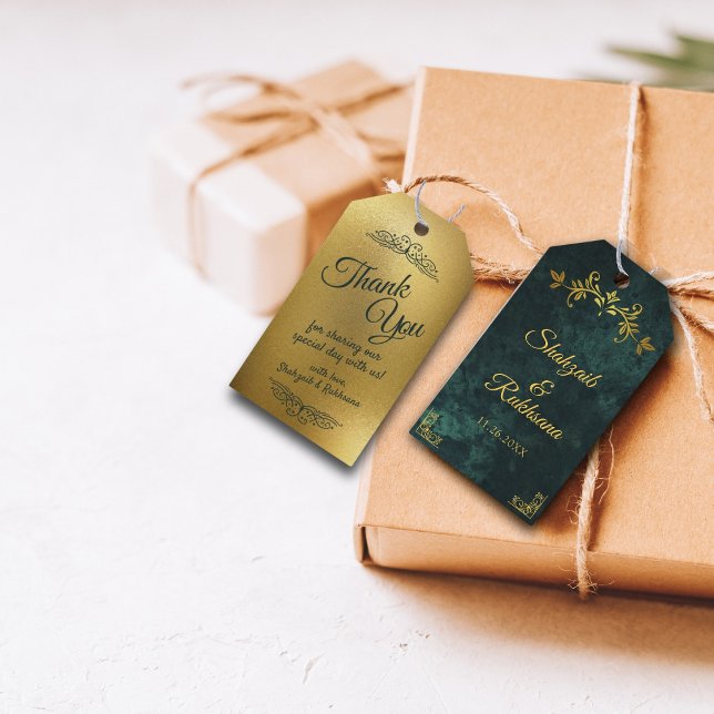 Utsmyckad guldram Smaragdgrön Tack Bröllop Presentetikett (Skapare uppladdad)
