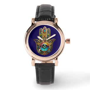 Utsmyckad Gylden Färgstark Hamsa Grön på Röd Tredj Armbandsur
