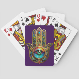 Utsmyckad Gylden Färgstark Hamsa Grön på Röd Tredj Casinokort