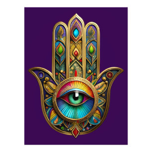 Utsmyckad Gylden Färgstark Hamsa Grön på Röd Tredj Fototryck
