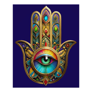 Utsmyckad Gylden Färgstark Hamsa Grön på Röd Tredj Fototryck