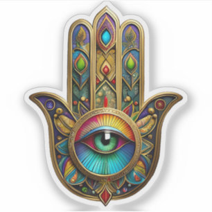 Utsmyckad Gylden Färgstark Hamsa Grön på Röd Tredj Klistermärken