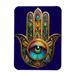 Utsmyckad Gylden Färgstark Hamsa Grön på Röd Tredj Magnet