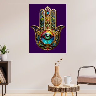 Utsmyckad Gylden Färgstark Hamsa Grön på Röd Tredj Poster