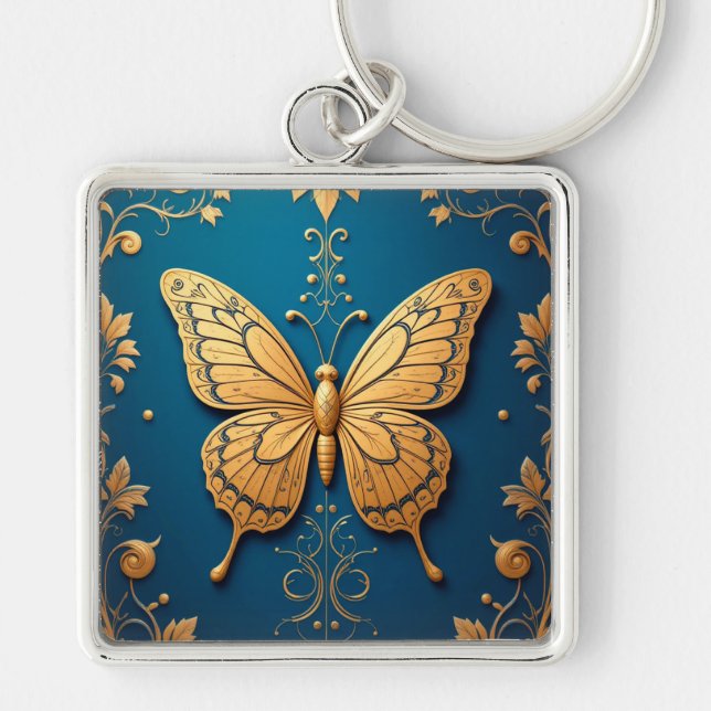 Utsmyckad gyllene  🦋 fjärilskonstpresent 🦋 fyrkantig silverfärgad nyckelring (Framsidan)