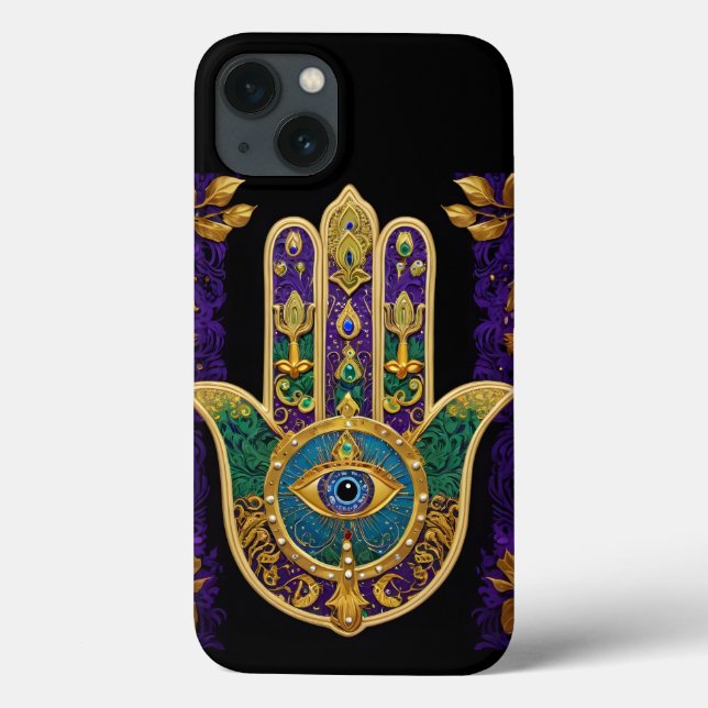 Utsmyckad Hamsa med tredje ögat i guld (Baksida)
