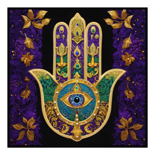 Utsmyckad Hamsa med tredje ögat i guld Fototryck