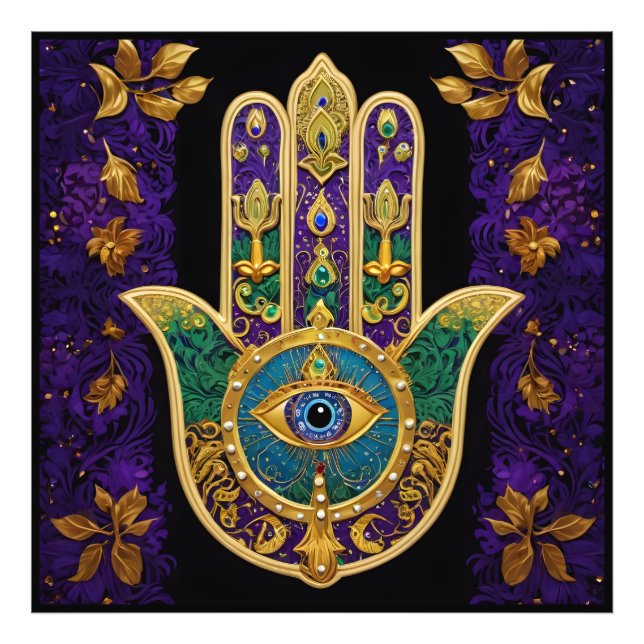 Utsmyckad Hamsa med tredje ögat i guld Fototryck (Framsidan)