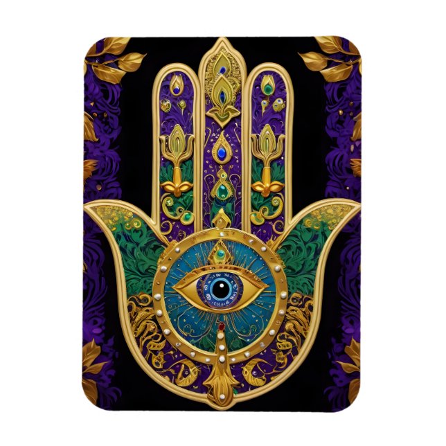 Utsmyckad Hamsa med tredje ögat i guld Magnet (Vertikal)