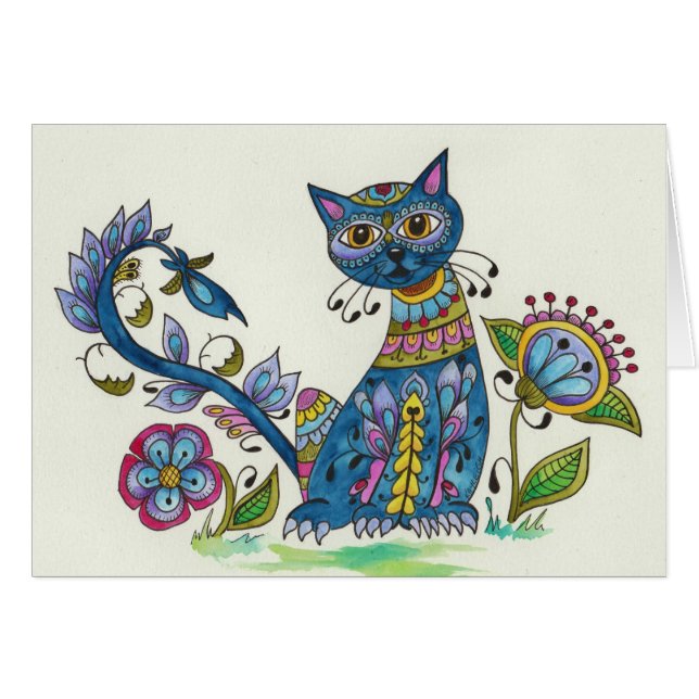 Utsmyckad katt hälsningskort (Framsidan Horizontal)