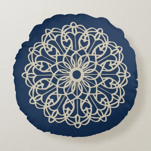 Utsmyckad Mandala Mörkblå Rund Kudde (Framsidan)