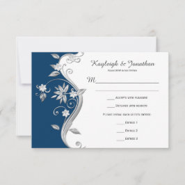 Utsmyckad marinblå vit silver blommor RSVP OSA Kort