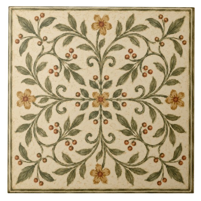 Utsmyckad Olivgrön Blommig Italiensk Trädgård Kakelplatta (Framsidan)