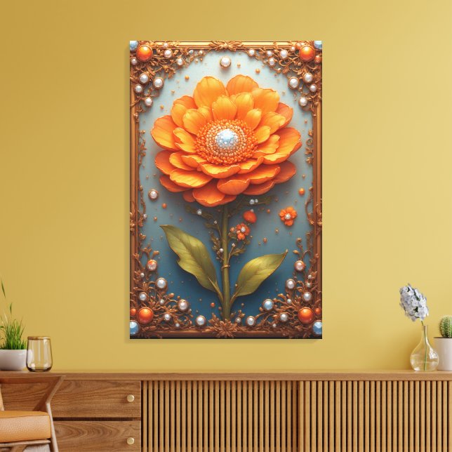 Utsmyckad Orange Blommig Konst i Guldram Canvastryck (Insitu (Vardagsrum))