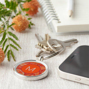 Utsmyckad Orange Paisley Mönsterinitial Rund Silverfärgad Nyckelring